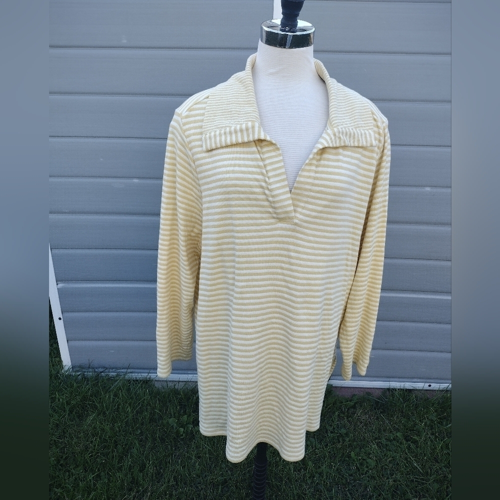 J. Jill Long Sleeve Collared V Neck Top Women's XL Yellow/White Striped